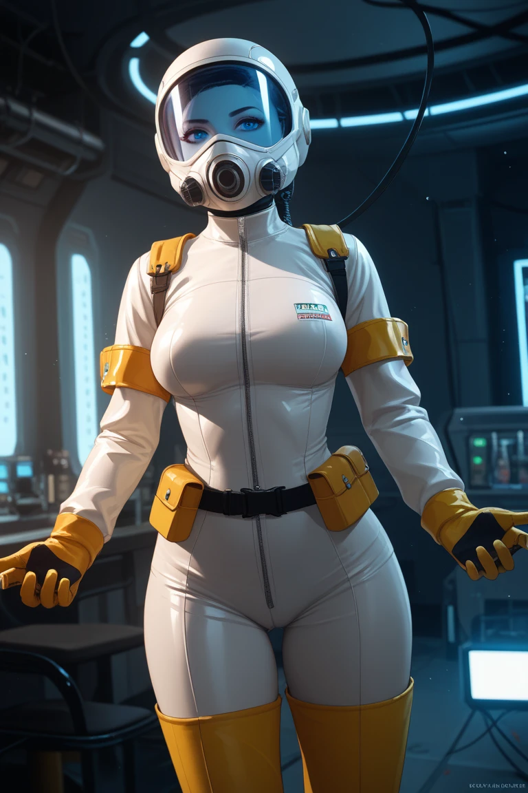 solo, 1girl, female admiralackbar wear black sith robe in spaceship corridor, big breast, alien skin, boobs, black long boot shoes, black gloves, detail, realistic, ornate, space, planet, galaxy, dim light , Photorealistic, Hyperrealistic, Hyperdetailed, High Detail, film photography, soft focus  <lora:ARWAdmiralAckbar:1>