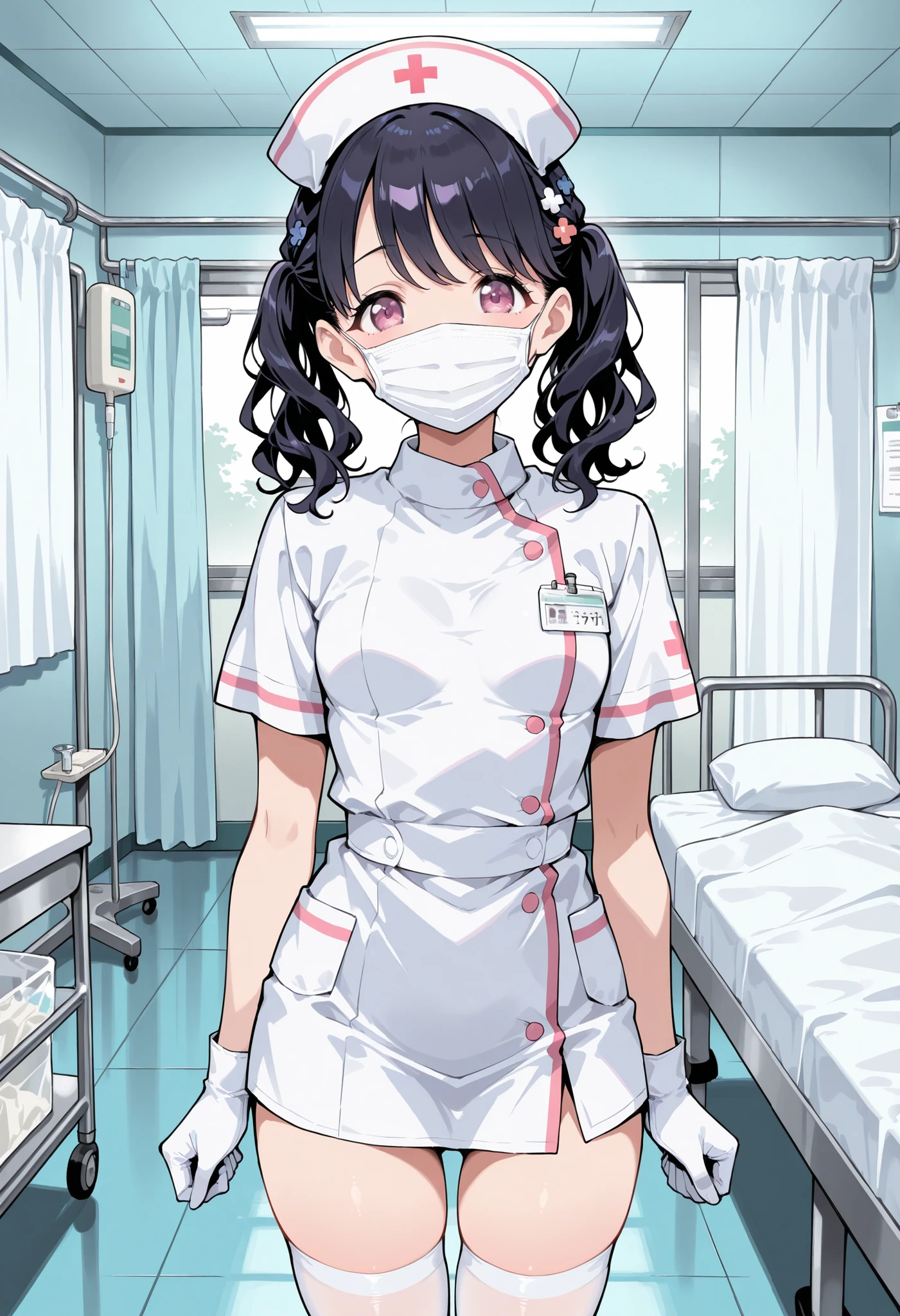 1woman, solo, nurse, white nurse cap, white nurse uniform, ((white legwear, zettai ryouiki)), white gloves, long hair, purple hair, red eyes, ((white surgical mask, covered nose)), standing, ((hospital room)), sharp outline, short sleeves, mature female, 35 years old, best quality, masterpiece