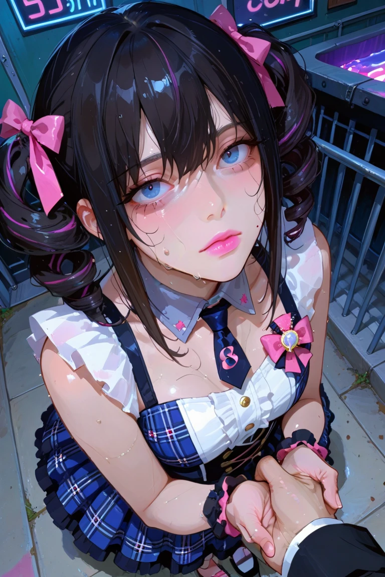 A girl with short black hair in twin tails、high school student、Summer uniform、On all fours, Being forced to walk the dog, Wear a lead and collar, looking annoyed, Master and servant role reversal, Large Dogs, Bullying, be humiliated in public, (Highest quality, 4K, High resolution, masterpiece:1.2), Super detailed, (Realistic, photoRealistic, photo-Realistic:1.37), Dark and gothic style, Vibrant colors, Dramatic lighting、shame