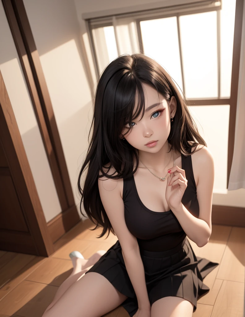 Sexy long legs girl wearing black silk, A seductive expression, Wear a pair of sexy pointed toe heels, black hair, mole under mouth, color contact lenses, moaning, ray tracing, pov, character chart, UHD, anatomically correct, 4K --auto