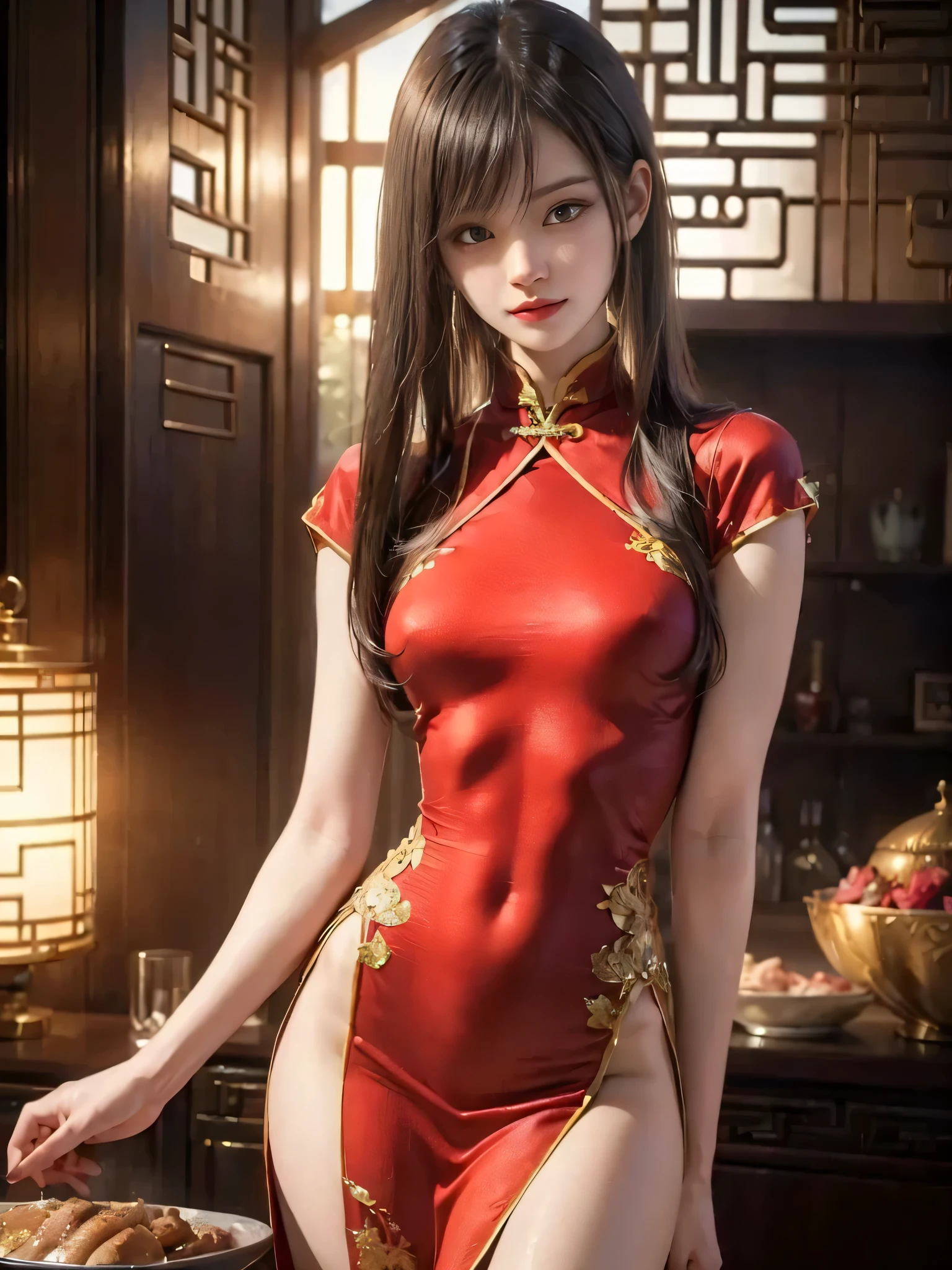 Works of masters，Best image quality，Higher quality，high detal，超高分辨率，8K分辨率，perfect hand，full body shot shot，exquisite facial features，s the perfect face，Glowing skin，a matural female，（（（Super high split cheongsam））），（（with no underpants））