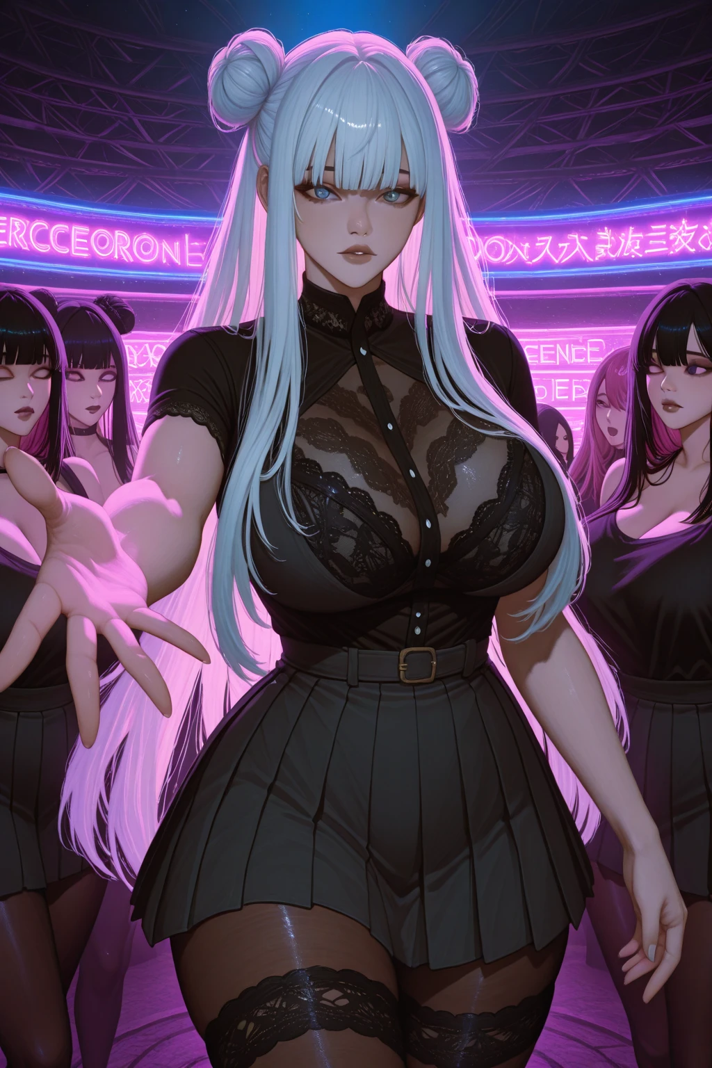 score_9, score_8_up, score_8, cute, goth, eyelashes, beautiful eyes, big eyes, , punk rocker, black hair, white hair, long hair, blunt bangs, fishnet , red eyes, concert, crowd, dynamic pose, wide , standing