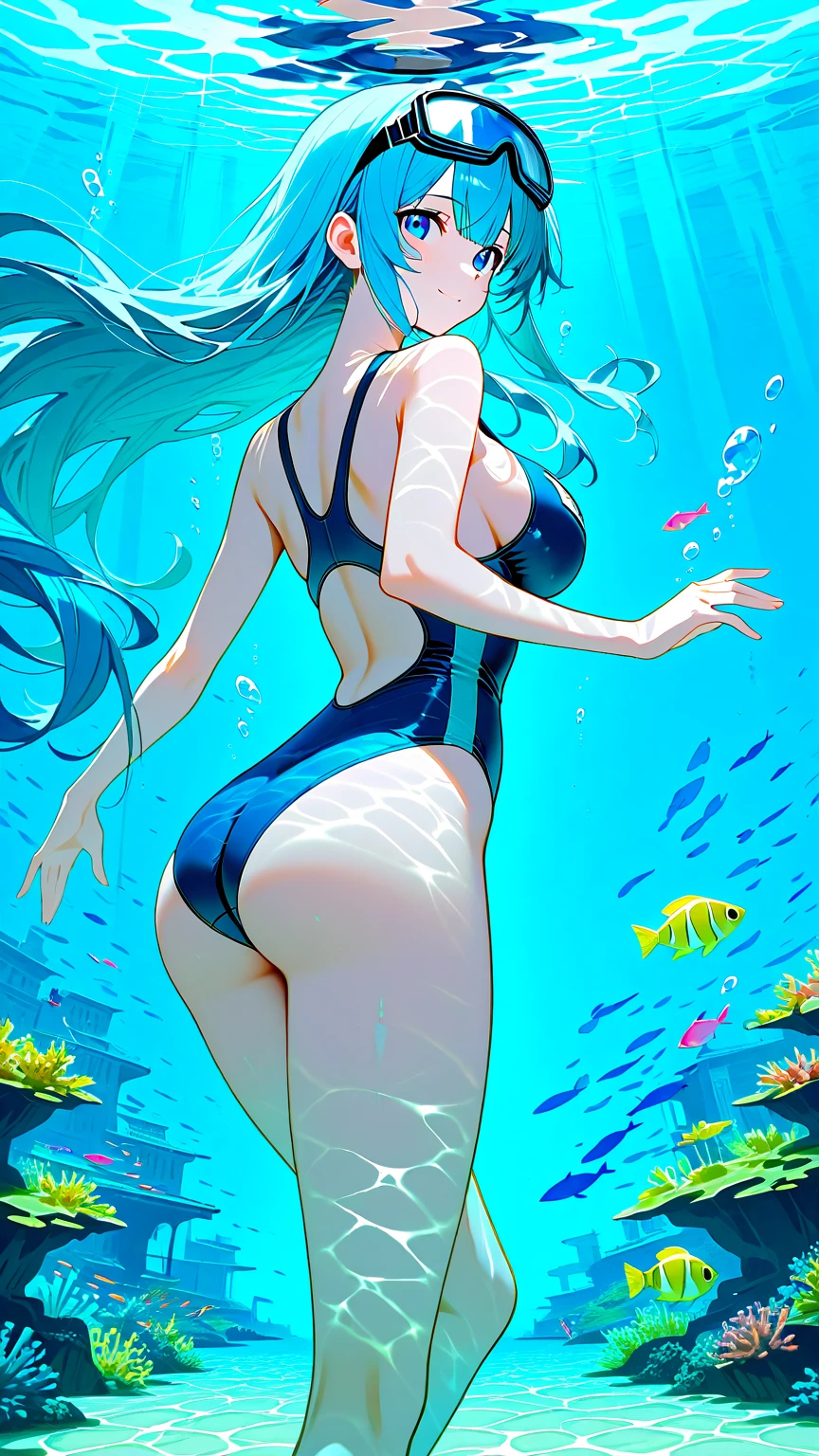 (masterpiece, best quality, ultra HD, 8k, wallpaper), cinematic feel, flowing ginger hair, perfect body, perfect anatomy, curvaceous, alluring, perfect hands, perfect eyes, detailed eyes, large soft natural breasts, long round legs, round ass, (underwater:1.5) 1 girl, 25 years old, tasteful two-piece swimsuit with colors that complement her hair, sitting on the sandy seabed, display of blues and greens, reflecting the captivating beauty of the ocean, sunlight filters through the water, illuminating the underwater world in a gentle and enchanting manner