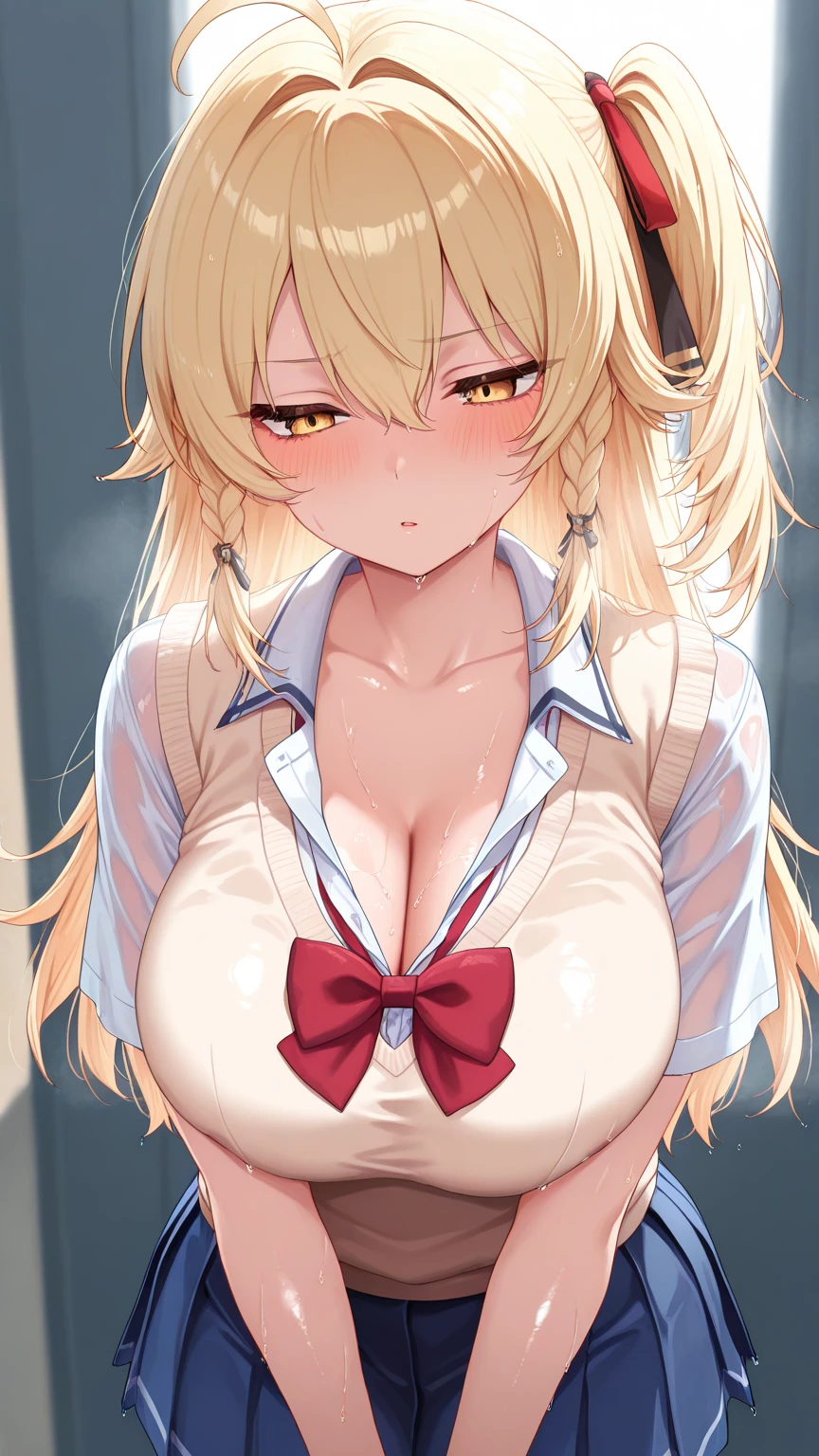 {masterpiece, distinct_image, extremely detailed CG, (extremely detailed fine touch:1.2), (natural light, sun light, light rays, dappled light, ray tracing:1.2), beautiful eyes and detailed face,realistic, photo realistic, 4k, 8k, high_resolution,perfect_finger, (beautiful_detailed_eyes:1.3), glitter, yellow_light, (glow_yellow_face, front_light:1.3), summer_light{1girl, face_focus,cowboy_shot, looking for_in_viewer, front_view, standing, hand_on_own_cheek, (piece sign pose:1.5) },{adult, (huge_breasts, wide_hip:1.3), navel, skinny_stomach,tight_gap, groin, (white_short_sleeve_cropped_button_shirt, tied button shirt:1.7),( very short_black_knife_pleated_skirt, school_uniform, cleavage:1.4), (yellow_leopard_print_bra_over_a_white short_sleeve_button shirt:1.6), (tanning_skin, dark_skin:1.5), (pink_nails, gold earrings, black neck choke, white collar, multiple colored bracelets:1.4),(yellow_hair, pink_eyes, long_hair, side_ponytail, slanted_eyes, bangs:1.4), (smiling face:1.3), sweat, white background}