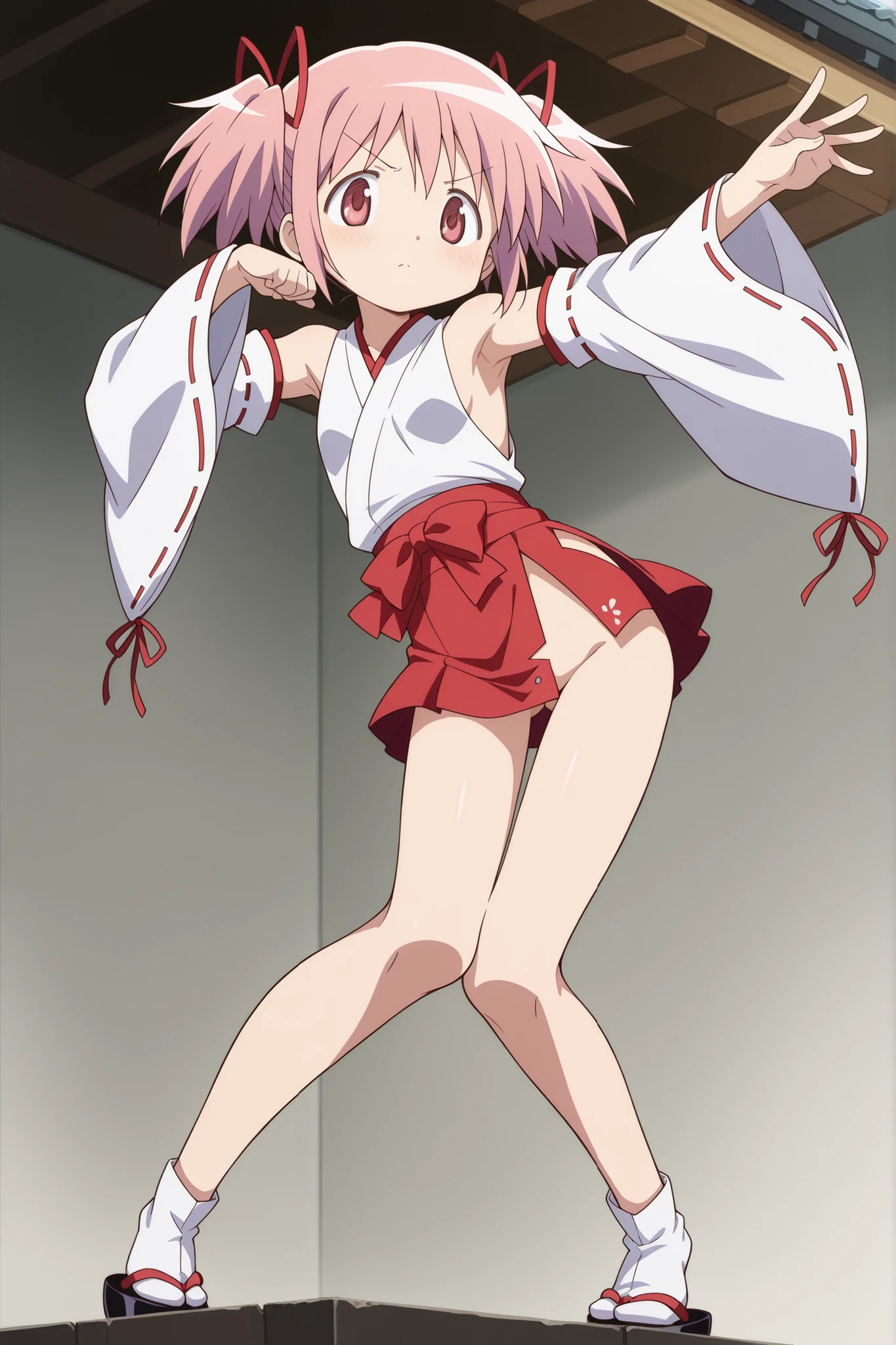 masterpiece:1.5, high quality, sweat, blush, smile, closed mouth, looking at viewer, wide-eyed, all fours, leaning forward, bend over, hands on bed, hip up, (((from behind))), madoka, topless, nipples, (((white panties))), pussy juice, collarbone, two side up, short twintails, pink hair, ((flat chest, slender)), lanky, Skinny body, body, Slim Body, Slim waist, Slim legs, Slim hips, bare knuckle, dutch angle,