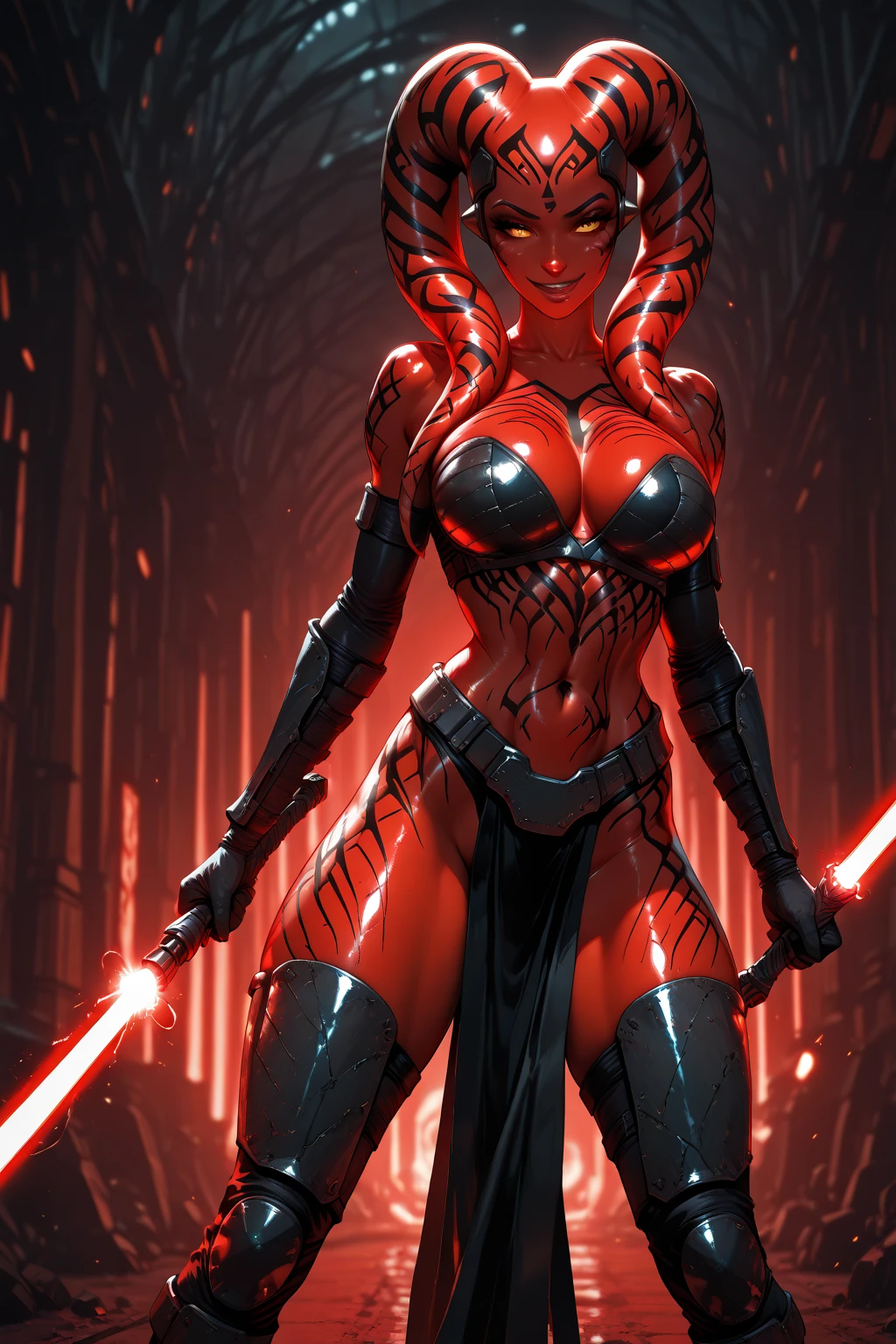 (Extremely detailed 8k wallpaper), a mid shot photo of a terrifying female succubus fear elder, confident, evil look, calm, modern futuristic clothing, complex, highly detailed, and dramatic, cinematic lighting, red skin:1.2, red glowing skin:1.2, cameltoe, subsurface scattering:1.2, soft lights, large breasts, pregnant:1.1