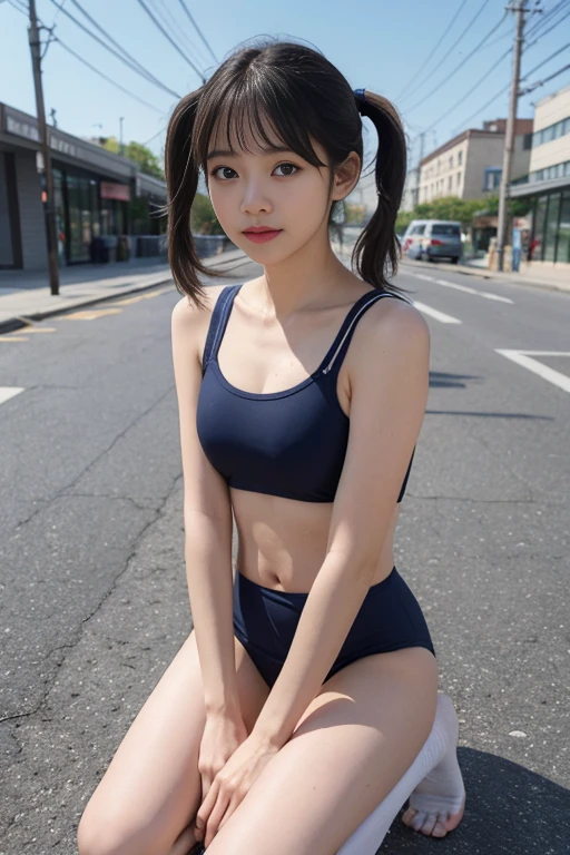 Japanese teenage girl with glasses, White tight tank top, Bloomers made by Capital Ace、Bloomers made by CAPITAL ACE、Cobalt Blue Bloomers, bloomers, pointy big breasts, very small nipples, Sandy bloomers、Thin legs,Long white socks ,Embarrassed face, Side stand pose,volleyball,open small, View from below、Dirty full body view、Small buttocks with rough skin
