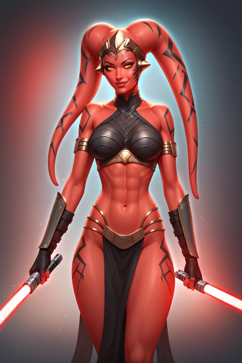 (red skin, twi'lek), red lightsaber, evil space knight, space ninja, (black robes, straps, buckles, skirts, long sleeves, fantasy, ((armor))), (busty, slender body, thin, slim sexy body, slim waist),