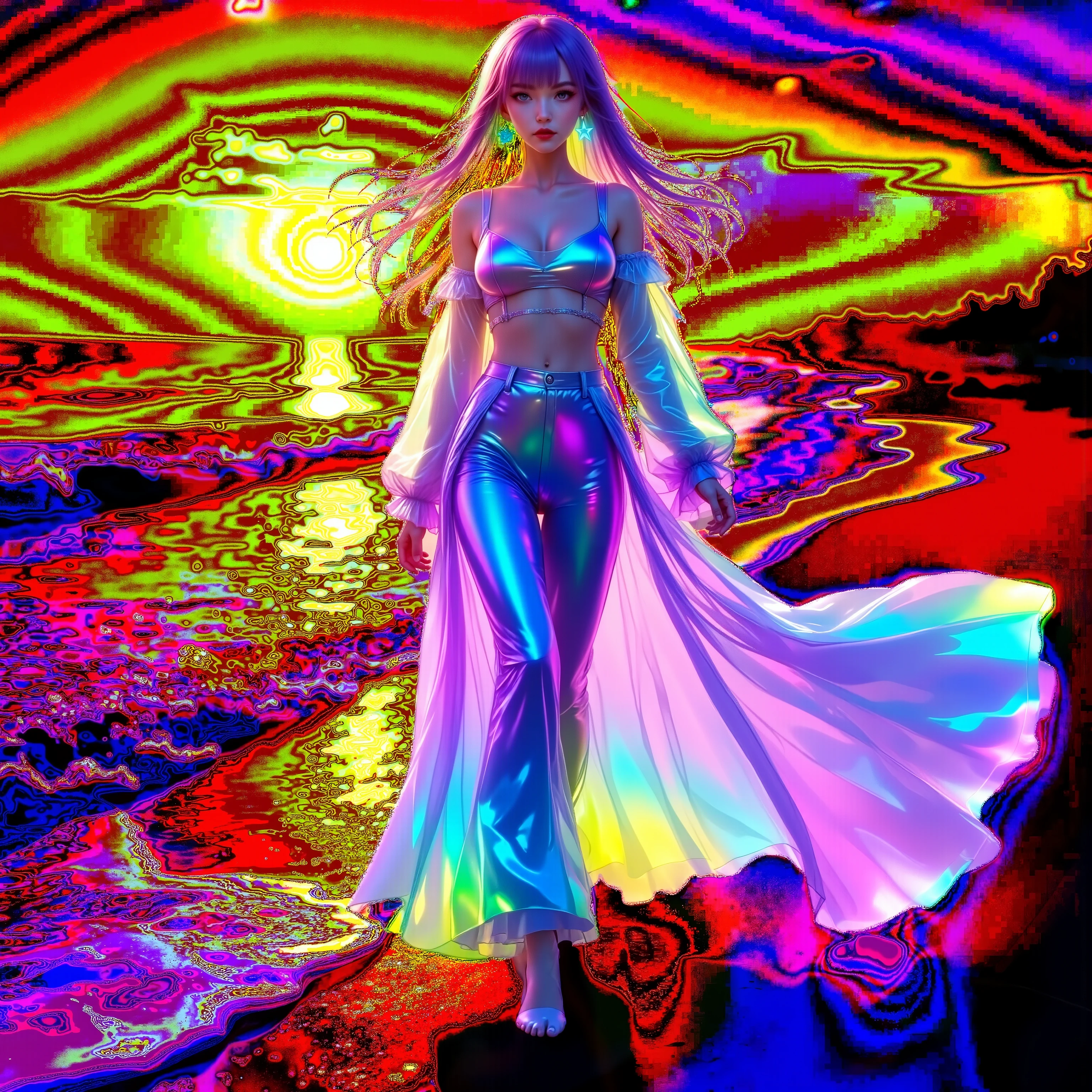 A young woman stands amidst a vividly psychedelic digital backdrop characterized by swirling patterns of neon colors such as electric pink, bright green, and deep blue. The distortion in the background appears dynamic and liquid-like, creating a sense of movement and flow. The woman is wearing a cropped top and high-waisted shorts, both reflecting the surrounding vibrant hues, suggesting a mesh of reality with fantasy. Her long hair, highlighted by the same vivid lighting, flows freely to one side, adding to the sense of motion. Her outfit, including a translucent, iridescent jacket draped off her shoulders, contributes to the theme of luminosity. The lighting is intense and contrasts sharply with any shadows, emphasizing the surreal atmosphere and highlighting the stylistic interplay between the subject and the fantastical environment. This scene evokes a futuristic and otherworldly aesthetic. arafed image of a woman with a neon jacket and a neon skirt, neon light and fantasy, digital art style, cyberpunk vibrant colors, cyberpunk art style, ultraviolet and neon colors, dreamy colorful cyberpunk colors, neon cyberpunk vibrant colors, neon digital art, glitchpunk girl, digital cyberpunk - anime art, bright cyberpunk glow, futuristic art style
