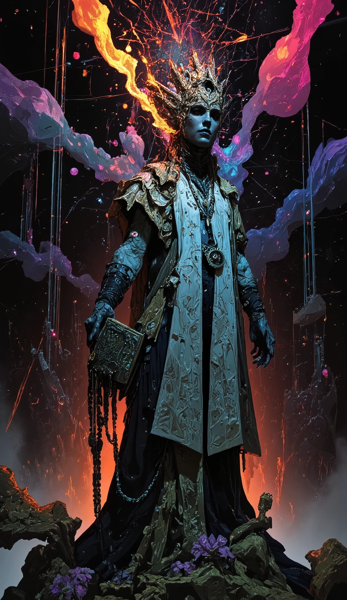 Surreal Painting, An extravagant, mysterious female figure dressed in intricately embroidered black and white finely cut seductive attire that hides nothing about her perfectly made voluptuos and statuesque form that recalls tales of Helen of Troy or Persephone, that hugs her ravishingly captivating form, showing plenty of cleavage and elegantly tattooed skin but nothing too indecent, A jeweled rosary with a largepentagram instead of a cross rests on her shoulder,Allusions to a historical or religious background or past lives but of an occult nature, secret histories and universal laws of the metaphysical world are hinted at in her expressive mysterious eyes, her hands are tightly gripping a very ancient illuminated book of Alchemy glowing with ancient magics and Angelic Enochian magic, with arcane graphs and suggesting studiousness and contemplation, A number of abstract shapes and dragon heads, cyclops things and creatures of myth blend seamlessly around the mysterious figure's head,Set against a vivid , an alien cosmic montage of strange vistas of backdrop, Jagged iridescent geometric shapes, The background features celestial bodies such as planets and moons,Above these shapes are disarticulated eyes,Adding to the dreamy, mysterious atmosphere, The scene is set in a dark, expansive temple open to the sky, Suggesting a journey through time and space, The contrast of light and shadow, Fantastic Mood, A visually appealing piece, Deep symbolism, Various interpretations.