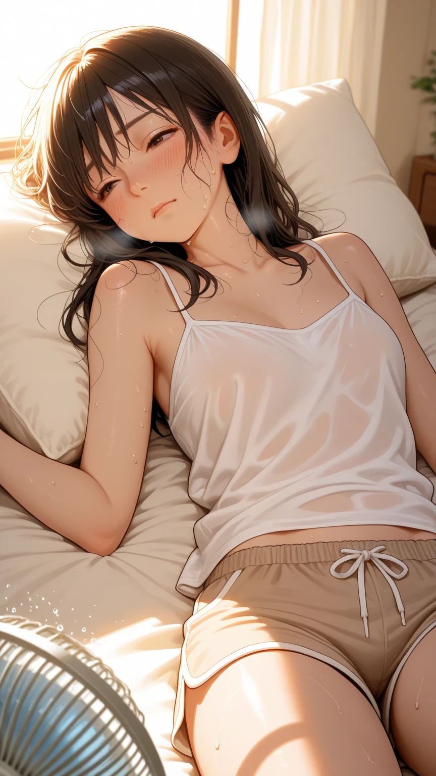 One boy, looks like a girl, cute, (kneels on the bed), long hair, walnut color hair, walnut color eyes, ((without clothes)), his chest is little swelling, (he is wearing panty like he is a girl), his crotch is NOT bulging, camel toe is appearing on his crotch on his panty, opening his mouth widely, (showing white liquid in his mouth), white liquid is dripping down from his mouth and tongue, holding white liquid in his mouth, catch the dripping by his both hands, sexually excited, blushing hardly, slender, (drenched with white liquid), (immediately after bukkake that is splashing), ((wearing very tiny panty)), panty is soaked and transparent, top quality, ((transparent, clear, and colorless mucus is dripping from his crotch)), NO hair on crotch, underarm hair, and chest, (he is a boy)
