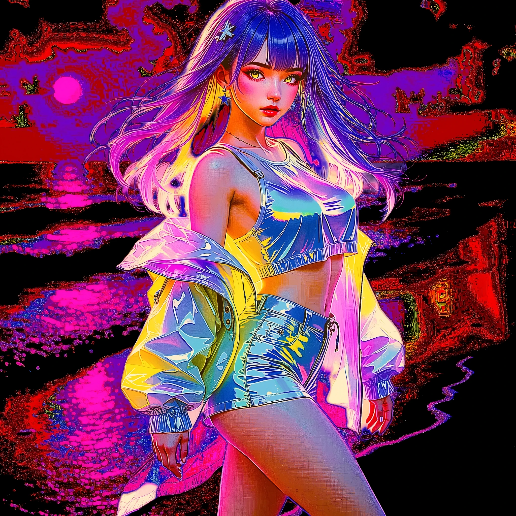 A vibrant and surreal image features a young woman standing against a cosmic beach backdrop drenched in neon hues. Her hair cascades gracefully, illuminated with an ethereal glow reflecting the electric palette of pinks and purples that dominate the scene. She wears a two-piece outfit, consisting of a shiny crop top and high-waisted shorts, both catching and reflecting light in a kaleidoscope of shifting iridescent colors. Draped is a loose, semi-transparent jacket with a similar luminescent quality, adding a dramatic flair as it fans out slightly. The background sets a mystical tone, with the ocean displaying surreal pink waves under a stark neon sky. The atmosphere is dreamlike and transcendental, capturing the essence of fantasy through the interplay of vivid colors and textures. arafed image of a woman in a neon outfit walking on a beach, cyberpunk art style, bright cyberpunk glow, cyberpunk vibrant colors, digital art style, cyberpunk vibe, digital cyberpunk - anime art, digital cyberpunk anime art, dreamy colorful cyberpunk colors, neon digital art, 8 0 s anime vibe, synthwave art style ]!!, glitchpunk girl, cyberpunk vibes