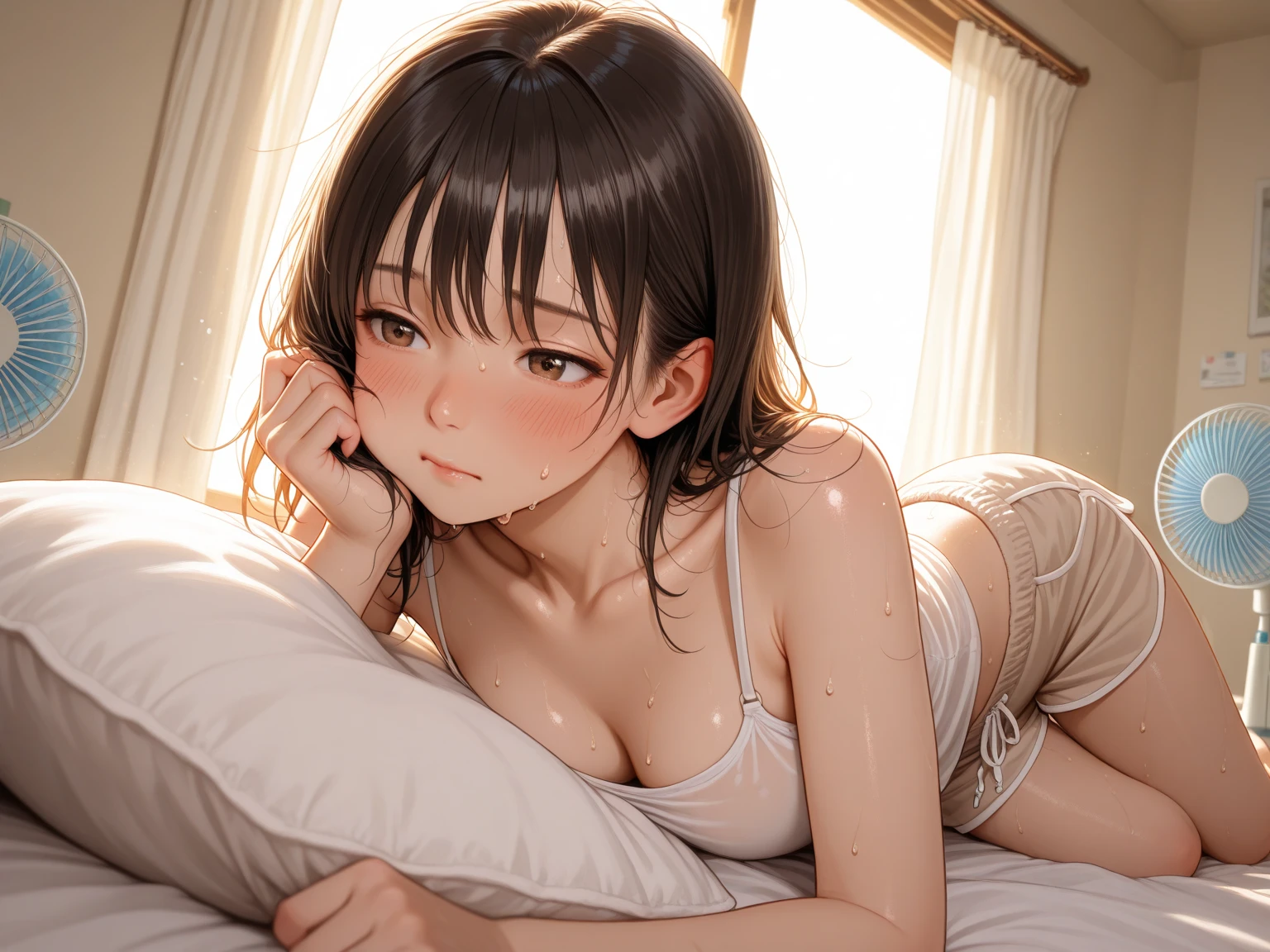 (masterpiece,Highest quality:1.3,best quality illustration),realistic,ass pov,having sex,man on top,cowboy shot,1woman,30 year old Japanese beauty,((very small head:1.3)),short bob hair,brown hair,bangs,brown eyes,gorgeous eyes,crying,tears,small breasts,((very long body:1.4)),((toned body,slender body,skinny,tan skin:1.2)),naked,nipples,navel、vagina,gleaming skin,shiny skin,sweat,vaginal penis,(creampie:1.5),lying,on back,spread legs:1.3,Simple bed、A cluttered bedroom、ruins、