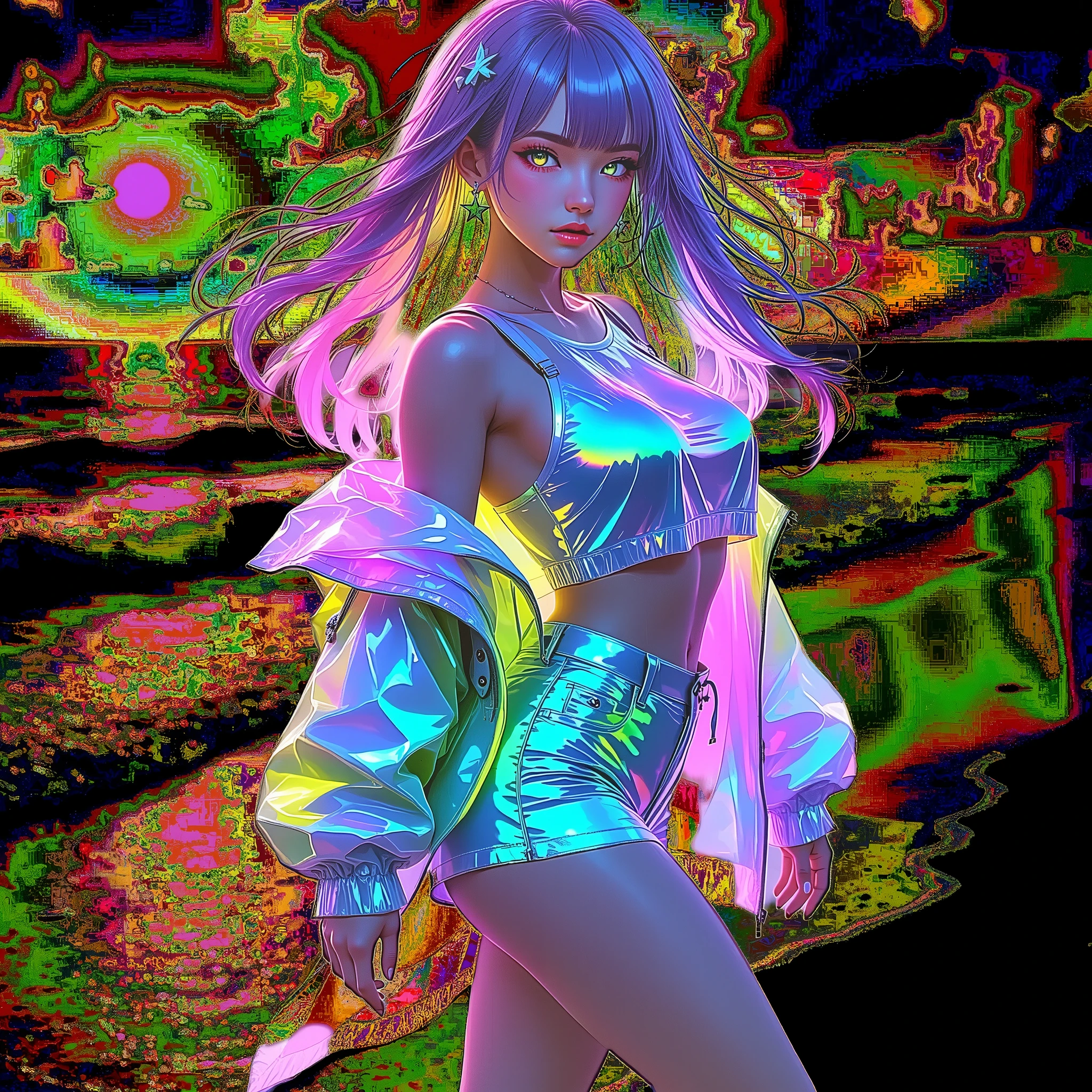 A vibrant and surreal image features a young woman standing against a cosmic beach backdrop drenched in neon hues. Her hair cascades gracefully, illuminated with an ethereal glow reflecting the electric palette of pinks and purples that dominate the scene. She wears a two-piece outfit, consisting of a shiny crop top and high-waisted shorts, both catching and reflecting light in a kaleidoscope of shifting iridescent colors. Draped is a loose, semi-transparent jacket with a similar luminescent quality, adding a dramatic flair as it fans out slightly. The background sets a mystical tone, with the ocean displaying surreal pink waves under a stark neon sky. The atmosphere is dreamlike and transcendental, capturing the essence of fantasy through the interplay of vivid colors and textures. arafed image of a woman in a neon outfit walking on a beach, cyberpunk art style, bright cyberpunk glow, cyberpunk vibrant colors, digital art style, cyberpunk vibe, digital cyberpunk - anime art, digital cyberpunk anime art, dreamy colorful cyberpunk colors, neon digital art, 8 0 s anime vibe, synthwave art style ]!!, glitchpunk girl, cyberpunk vibes,SFW