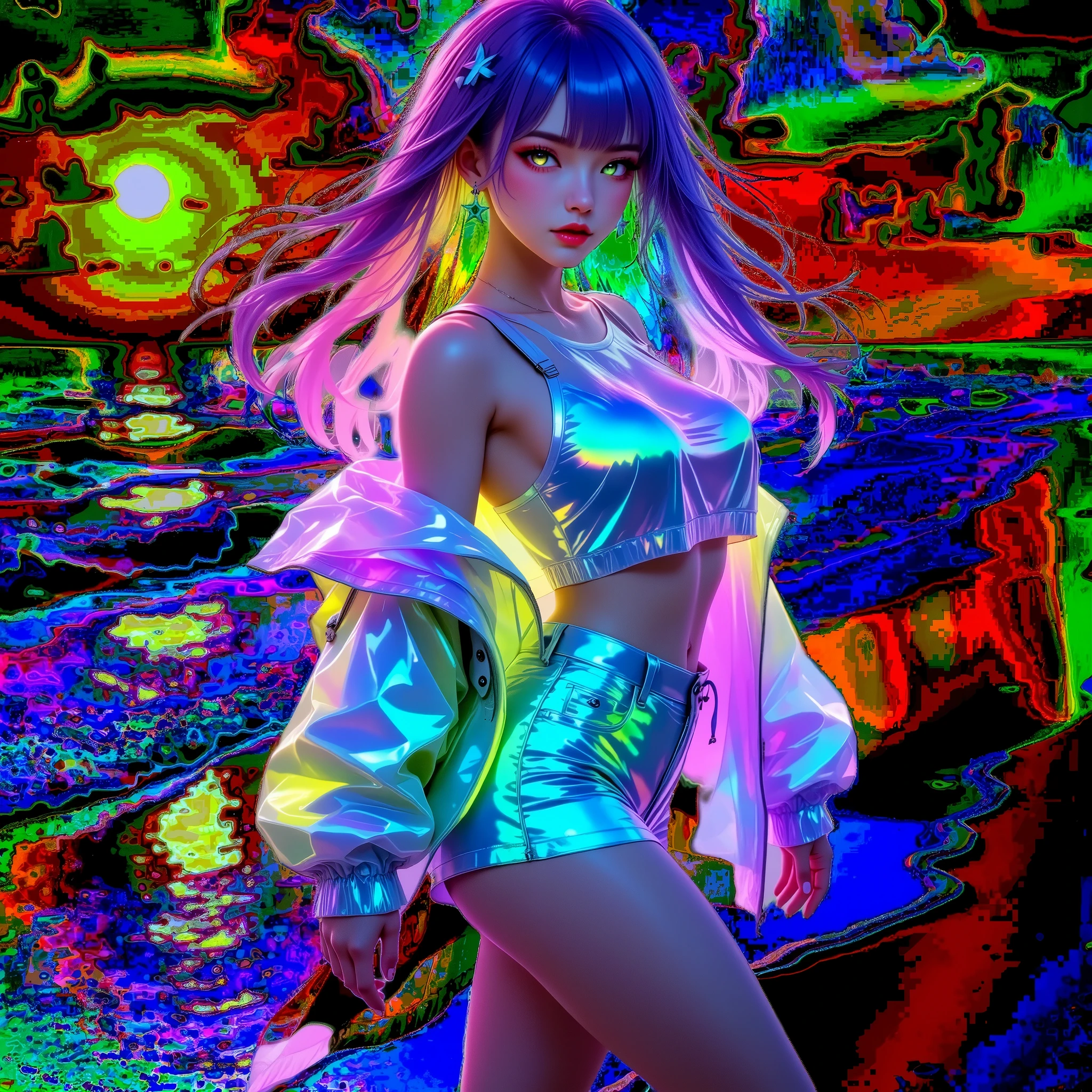 A vibrant and surreal image features a young woman standing against a cosmic beach backdrop drenched in neon hues. Her hair cascades gracefully, illuminated with an ethereal glow reflecting the electric palette of pinks and purples that dominate the scene. She wears a two-piece outfit, consisting of a shiny crop top and high-waisted shorts, both catching and reflecting light in a kaleidoscope of shifting iridescent colors. Draped is a loose, semi-transparent jacket with a similar luminescent quality, adding a dramatic flair as it fans out slightly. The background sets a mystical tone, with the ocean displaying surreal pink waves under a stark neon sky. The atmosphere is dreamlike and transcendental, capturing the essence of fantasy through the interplay of vivid colors and textures. arafed image of a woman in a neon outfit walking on a beach, cyberpunk art style, bright cyberpunk glow, cyberpunk vibrant colors, digital art style, cyberpunk vibe, digital cyberpunk - anime art, digital cyberpunk anime art, dreamy colorful cyberpunk colors, neon digital art, 8 0 s anime vibe, synthwave art style ]!!, glitchpunk girl, cyberpunk vibes,SFW