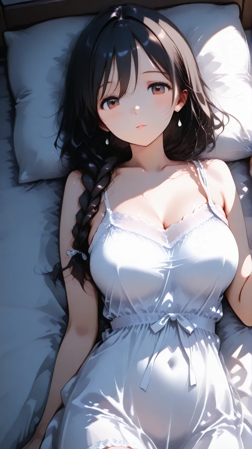 8k,masterpiece, BSET quality,big, (1 girl), Tifa Lockhart, red_eye, Black Hair, Long Hair, Professional Lighting, (Glowing Skin: 1.2), shiny big, ((Highest quality)), Sharp focus: 1.2, Highly detailed face and skin texture, detailed eye, Perfect Face, Perfect body, Blur Art, CG, Background Big Tits, before (20-year-old, 成熟したクールでBeautiful Face), wear (((Black skirt with suspenders), black elbow gloves, White Tight Shirt, thigh, White tank top), red面, (masterpiece: 1.3), (Maximum resolution: 1.2), (Ultra HD TV: 1.2), Cinematic Light, 8k解像度, Detailed facial features , (Sharp focus: 1.2), (Focus on the face:1.2),Perfect Style, Beautiful Face, Acura, Anatomically correct, Two Arms、Highly detailed face and skin texture, 美しいeye,美しいeye, Thin eyebrows, Glitter Eyeliner: 1 Natural Cheeks, Glowing Skin, Fair skin: 1.2, (Glossy Lips: 1.4),、 (Embarrassed look: 1.2),Highly detailed face and skin texture, The hair is very detailed.、Natural Cheeks, , Glossy Lips: 1.4,Perfect Style、Cleavage、Soft Breasts、(White mucus on chest:1.4)(White mucus on thighs:1.2)、 red面、A humiliating look、Anxious expression、A look of humiliation、Embarrassed look、Glare、anger、sorrow、tears、Open your knees、Spread your legs、 White underwear、White bra、Sparkly little earrings and necklace、Disheveled clothes、White panties、sweating、Thin underwear、stockings、 Upward-facing chest,On the bed、(On my back, ベッドにLying down, ベッドにLying downいる, Lying down, White sheets:1.5)、