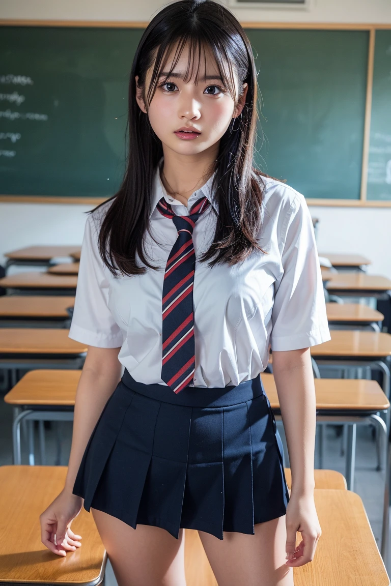 Browsing Caution,best quality,ultra high resolution,1 person,whole body,black hair, Wonderful expression,looking at the camera,A beautiful and sophisticated face,My skin is fair and beautiful.,skin texture,high school student,Uniform, tie,,Check miniskirt,After School Classroom,standing posture