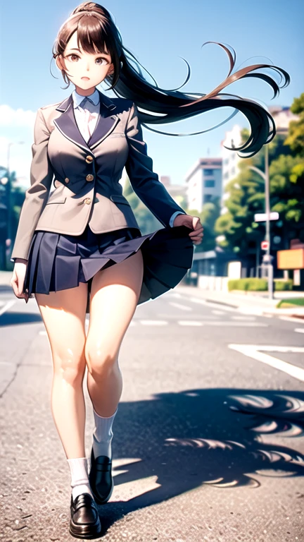 (Raw photography、top-quality)、(realisitic、Photorealsitic:1.3)、masterpiece、extremely delicate and beautiful、A highly detailed、nffsw、Unity、2k wallpaper、astonishing、finely detail、Highly detailed ticker Unity 8k wallpaper、ultra-detailliert、hight resolution、absurderes、1girl in、Soft light、((Ponytail with black hair:1.3))、a beautiful detailed girl、Detailed finger、Highly detailed profile、1girl in、cute little、(full body Esbian:1.3)、Beautiful profile、Realistic body、Lustrous skin texture、Beautiful detailed thighs、(Schoolgirl Uniform、Dark blue blazer、Dark blue mini skirt)、thighs thighs thighs thighs、posterior view、Beautiful detailed big ass、(up skirt、Black panties)