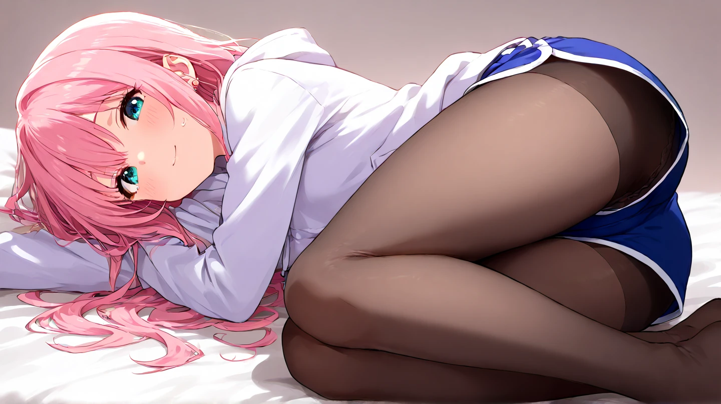 mafuyu kirisu, blue eyes, braid, long hair, twin braids, pink hair, (torn pantyhose:1.3), torn clothes, (lying on:1.3), on the bed, cumdump, creampie, (((excessive cum))), (after sex:1.3) panty pull, aseide panty, (spread legs:1.3), pussy, spread pussy, spread legs, legs up, fellatio gesture