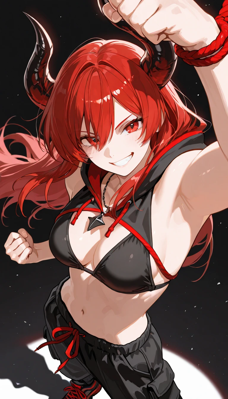 small cat girl with traditional fighting outfit,fiery red straight hair,color of her cat ears is red,long furry tail of red,red eyes,white skin and determination in her eyes