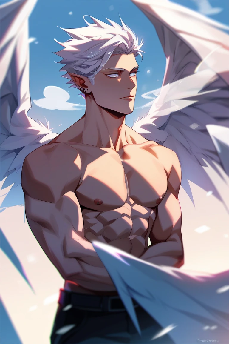 Highest accuracy,Muscular man with large white wings,Stand on the side,Shirtless,There are white streamers on the body,Lower body erection,Lower body details,Thick pubic hair,Handsome face,Short white hair,There is a faint aura on the top of the head,The background is a mythical city,The background is rich in detail,Angel wind