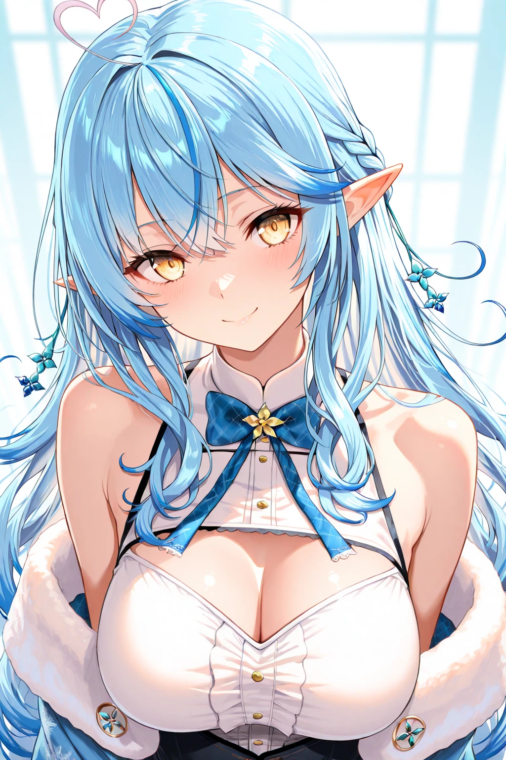 Anime, woman, long hair, pale blue hair, pink eyes, gently, earrings, big boob, wearing a nightgown, beautiful, elegant, pure, fantasy, ice, snowflake, snow land, cool, noble, elf, crystal, stay in thorn room,