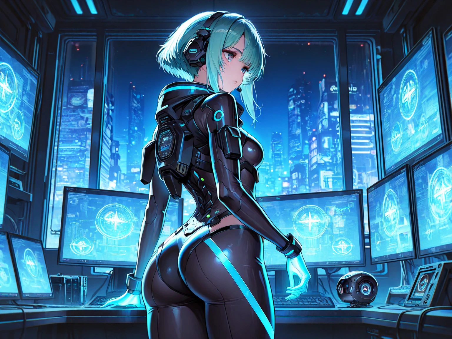 (masterpiece, best quality, detailed), 1girl, solo, looking at viewer, candace, <lora:candace-10:1> (dark skin, dark-skinned female:1.3), eye of horus, <lora:HackedTech-20:1>hackedtech, hoodie, leather, data stream, green hues, outdoors, cyberpunk, city, night, city lights, neon lights, car, stairwell, window, dark, night, shadow, kneeling, from behind, looking back, ass, railing, parted lips