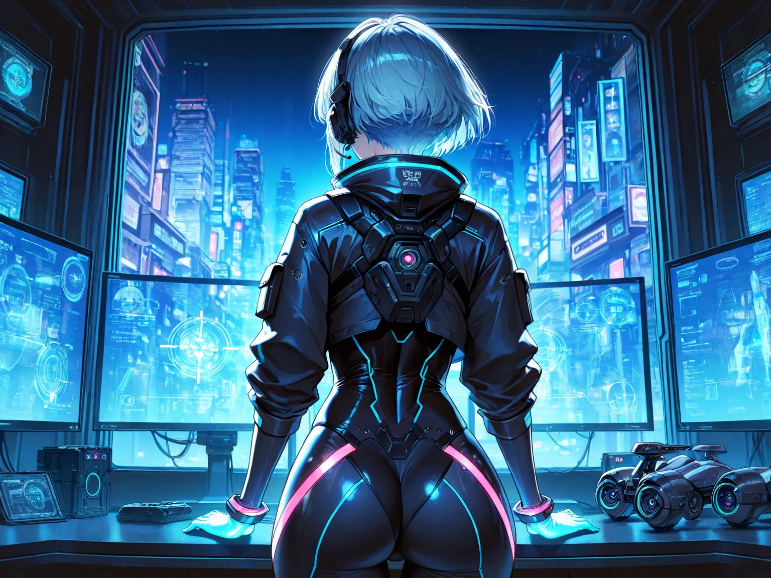 Generate an image depicting a girl seen from behind, standing by the window in her bedroom, gazing out at a cityscape. She is wearing a white short hoodie and white panties. The girl has short white hair. Thigh gap visible. The image has an ambiance that is subtly influenced by the futuristic style. Capture the essence of a futuristic city outside the window, with white and blue neon lights illuminating the urban landscape. Emphasize the contrast between the serenity of the girl in her panties and the vibrant, slightly dystopian atmosphere of the sci-fi-inspired city. Let the image convey a sense of wonder, mystery, and a touch of futuristic aesthetics, high quality, from behind