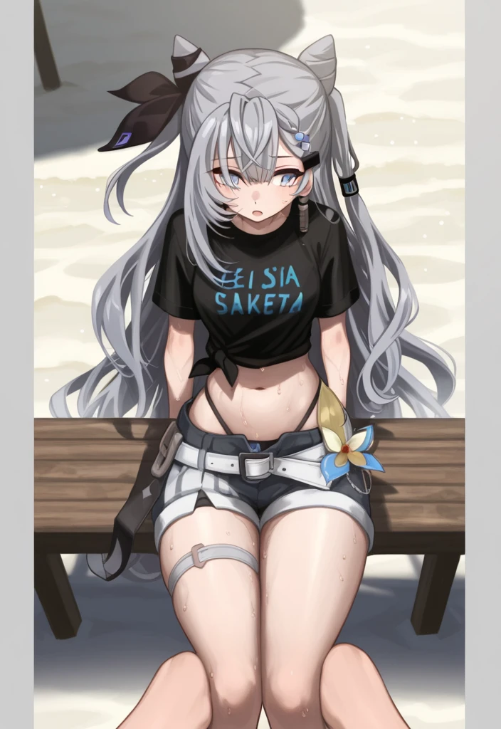 Single boy, Anime Femboy, Short, Long white hair, wolf ears, wolf tail, blue eyes, wearing jean short shorts, thigh high socks, black combat boots, wearing cropped black hoodie, flat chest, super flat chest, solo femboy, only one femboy ((FLAT CHEST)), wide hips, thicc thighs, happy, nice butt, lobo written on hoodie, bent over