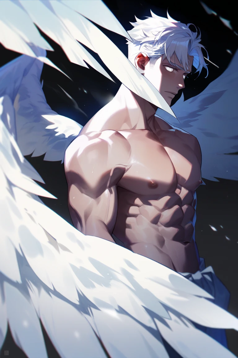 masterpiece, highest quality, (Focus alone), (Perfect Face:1.1), (Attention to detail:1.1),dramatic, (an alluring albino  naked angel guy with long flowing pure white hair and piercing 黒い目),I can see your abs,Handsome,,Short Hair, night shinning moon background,  realistic penis, long big dick expose, perfect pretty penis, cumshot alot semen(white liquid all over the body