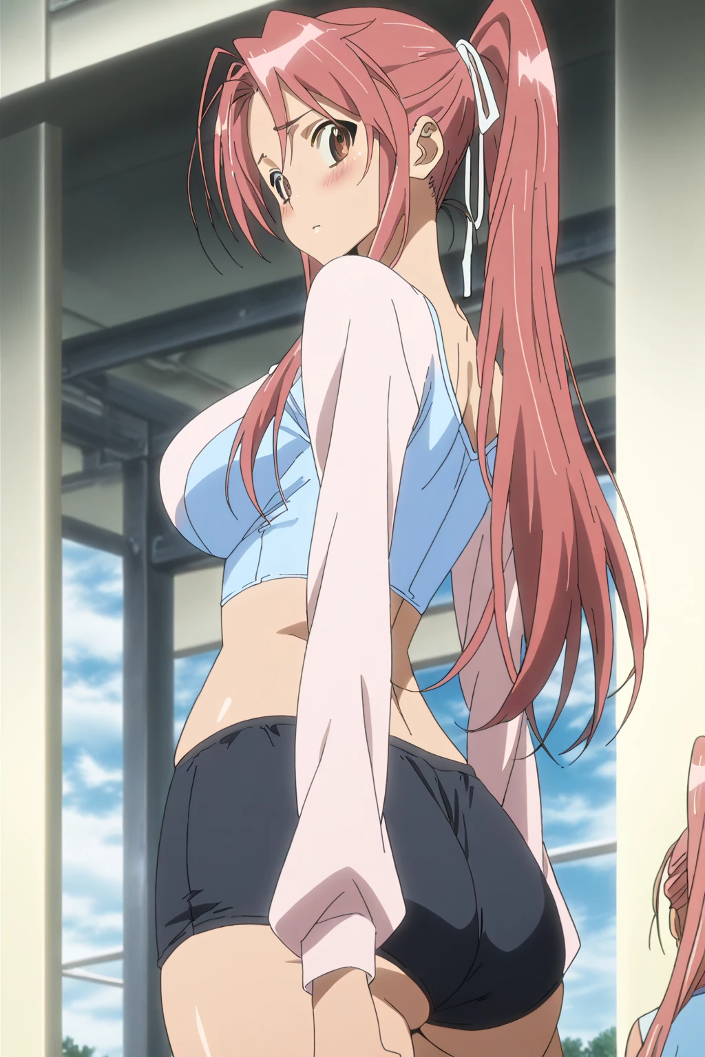 1girl, solo, setogaya, red hair, red eyes, pointy ears, medium breasts, sport topic, underboob, shorts, cameltoe, running, gym background, (masterpiece), (highres), best quality, (detailed background:1.5), <lora:Setogaya_Any-ep3:0.7>