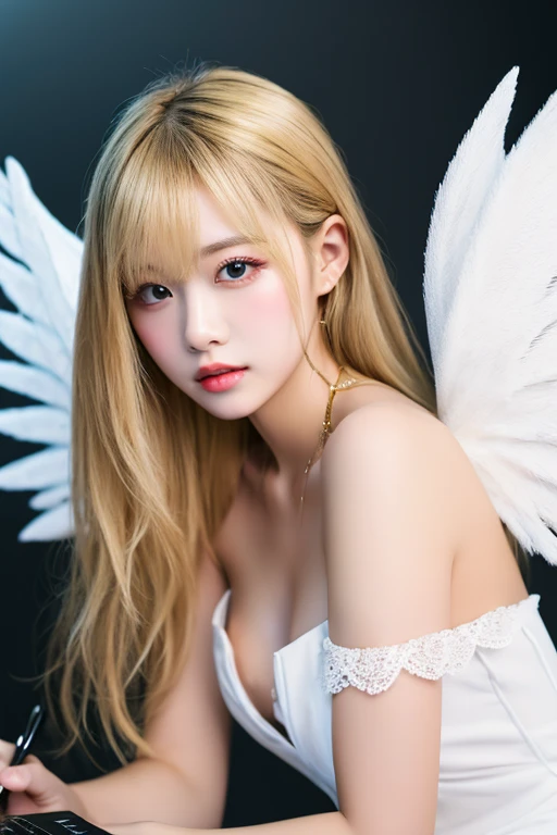 Official Art, rich and colorful, Colored background, Splash of Color,Perspective,  Beautiful woman with delicate features,(Macka style), Full body portrait, best quality,masterpiece,Ultra-high resolution,Modern, Chinese, Rhythm, Oriental beauty blue eyes (Wide-angle lens, Wide-angle lens,panoramic:1.2),Super Vision, Super wide-angle low-angle shooting, 超Wide-angle lens, (ring:1.3)Bow hair flower angel(Milky white skin, Glowing skin:1.5)(bandage:1.4)Feather wings Angel wings Bare feet Blushed face Blood on clothes (Thin legs:1.5), Platinum blonde hair, Own hands folded medium breasts