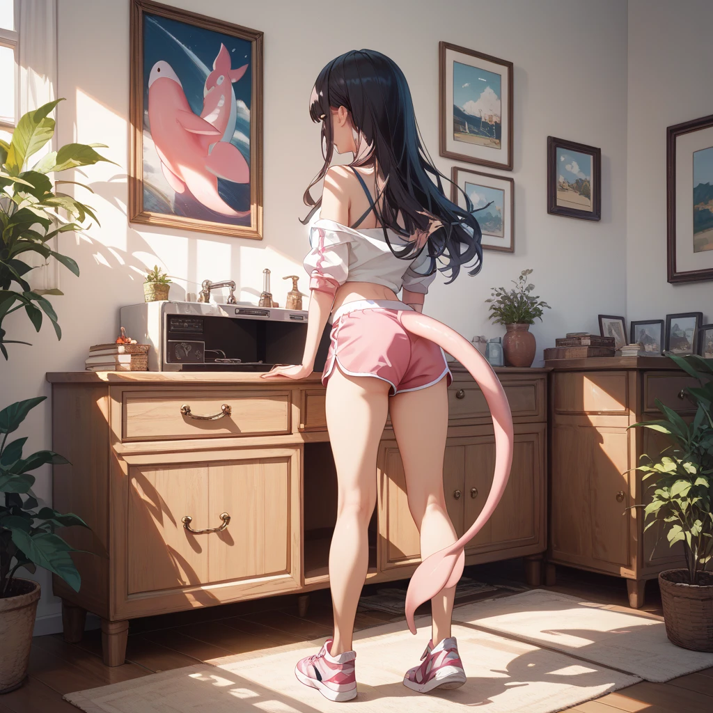 1girl cat ears cat tail long tail nude ponytail bulk hair muscular body at bathroom