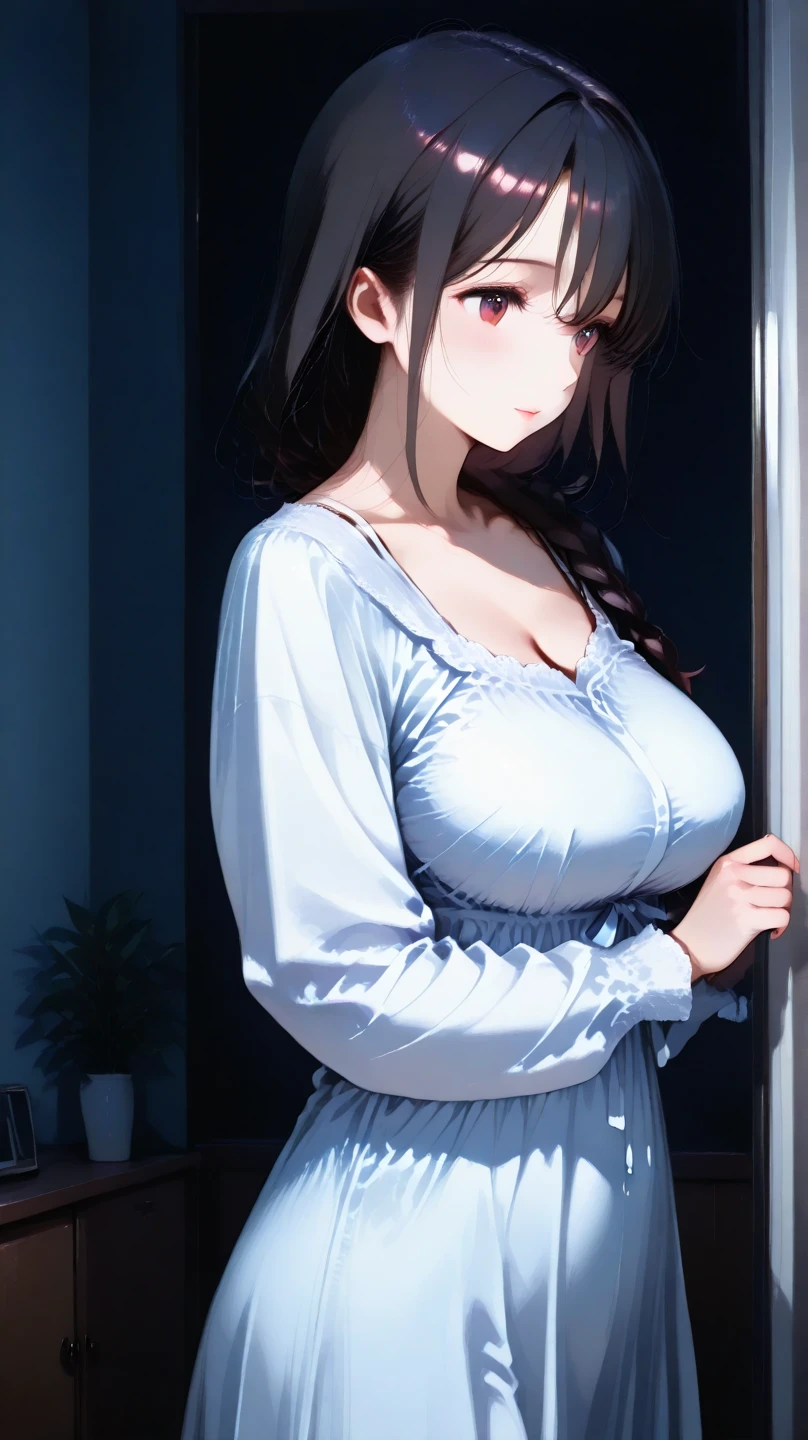 ((POV))), (((chemise: 1.2)))), ((Look up at me))), (Shy look: 1.2)))), (18 years old, neat girl))))), (ponytail in high position, wavy hair, brown hair, bangs flowing diagonally), medium long hair, scene seen from above, (((Full body shot: 1.2)), (focus on breasts and face), (( Very intimate relationships: 1.2)), ((Big breasts)), (Upturned breasts), (((In the classroom where the setting sun shines: 1.2)), ((Standing opposite her inside the curtains fluttering in the wind)), ((She is wrapped in thin curtains)), (Staring at me with upward eyes)), Highly detailed face and skin texture, Detailed eyes, Double eyelids, Natural cheeks, Blue eyes, (((Moist eyes: 1.3)), shiny little necklace and earrings, shiny lips: 1.4, accurate, anatomically correct,