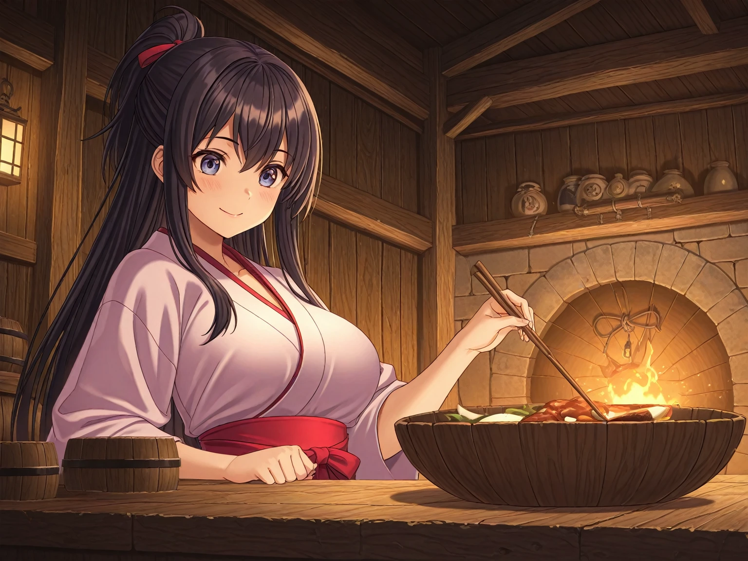 Girls preparing chanko nabe in a sumo stable Parent's daughter and friend About junior high school age huge pot