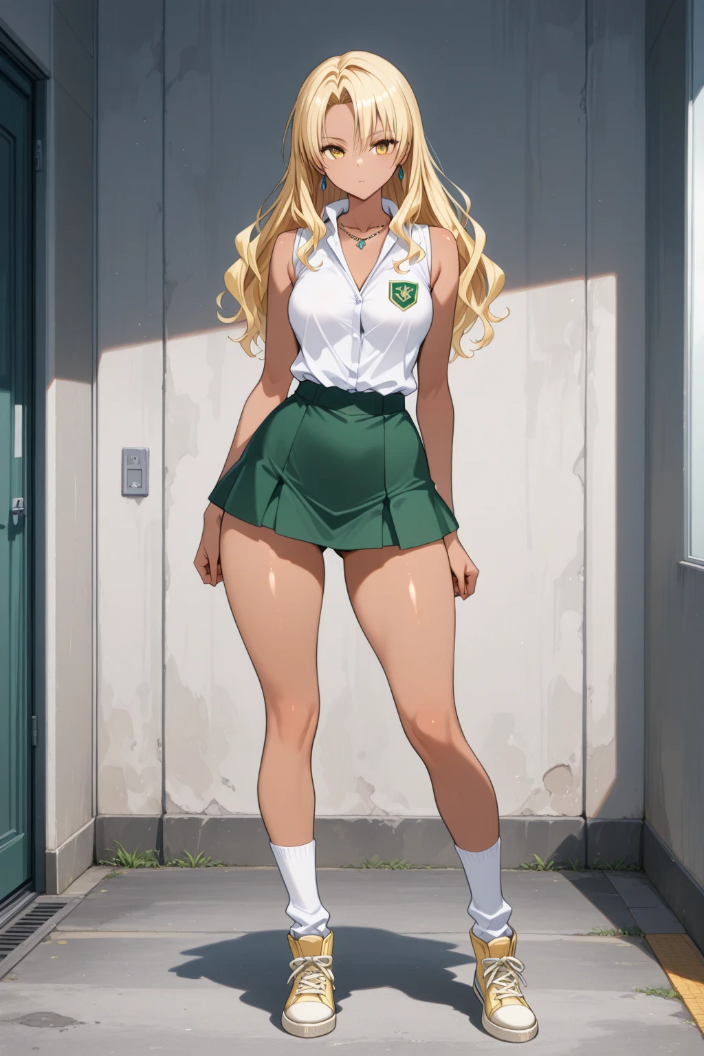 blonde hair, long hair, green eyes, happy, school uniform, short skirt, medium breast, cleavage, classroom, slim legs, navel, open clothes, full body