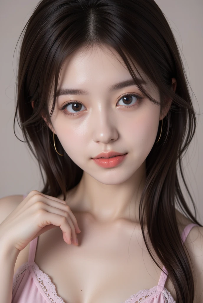 (RAW Photos:1.2),(Realistic:1.4),(masterpiece:1.3),(highest quality:1.4),超High resolution, High resolution,8K resolution, dream-like, Check the explanation,Clarification Request,scenery,((No text)), (((Head to Toe、full body、Lying down))), (Fine grain),(Detailed facial features), (Detailed clothing features), Fits perfectly to the skin,Lace Bra、Large Breasts、String Panties、 (Shiny skin),(thin),(slim),(Beautiful Face), One girl, Virtual Girl Ren, young, bangs,Brown long hair、Earrings, Loose fitting shirt, smile, Shyly,cute, Look straight at the camera,