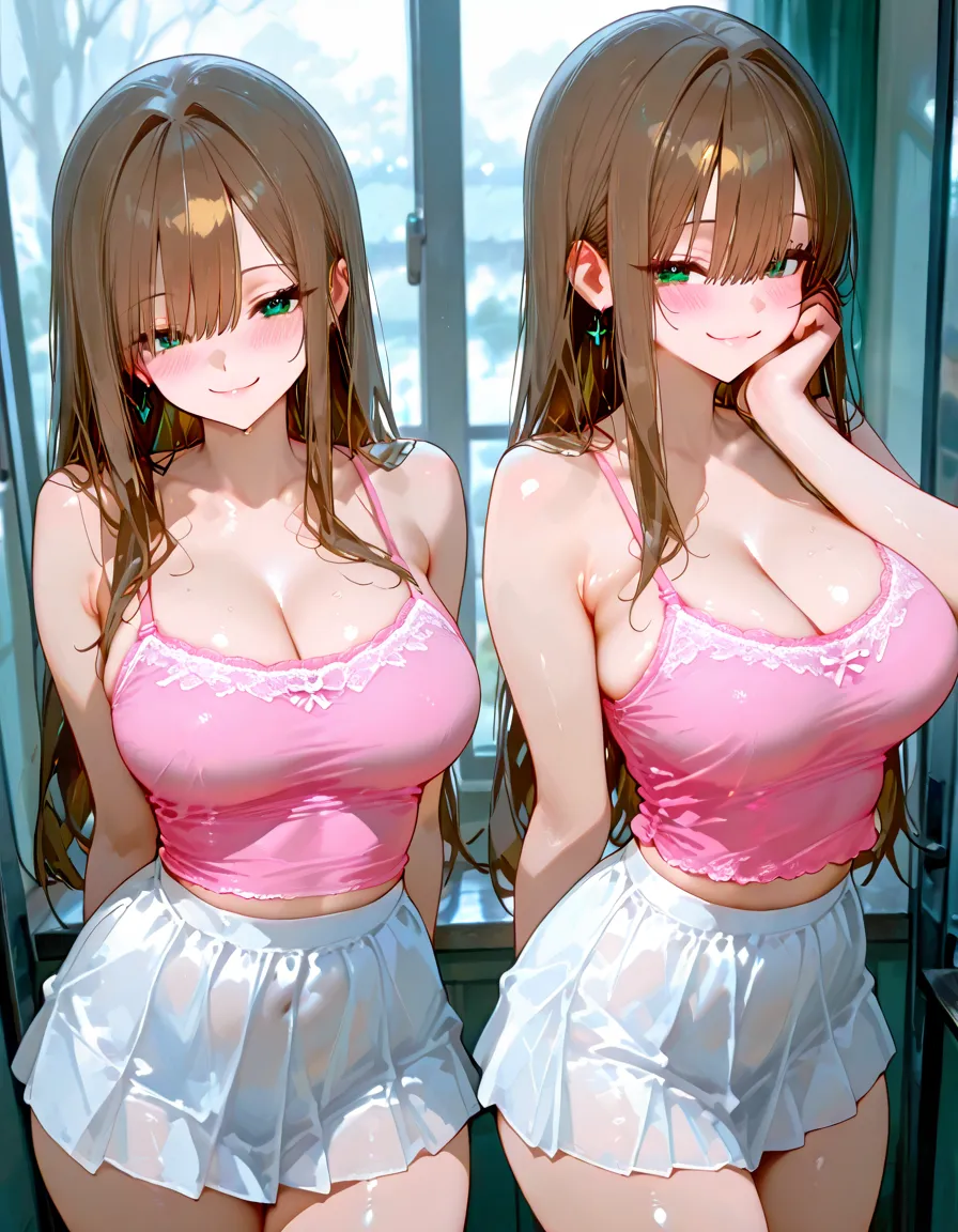 Regular pantyhose、Ultra-detailed、masterpiece、Highest quality、Ultra-high resolution、In 8K、high resolution、Real Live Action、Photo-worthy clarity、Detailed eyes、Gradation、Perfect anatomical figure ,hard disk、Hmph , Nikon Z9 80mm Lens 、Tabletop、Cinema Lighting, Physically Based Rendering, Award-winning, Highly detailed skin, Highly detailed face, Beautiful eyes in every detail、White Lace Lingerie Panties、Fancy panties、Detailed Panty Pattern、Panty Focus、(((Pink cotton tight mini skirt))), Light orange tank top、Adult female 18 years old, (Beautiful light brown hair, High Ponytail、Looking into the camera、Daytime street、(((Beautifully aligned and white teeth)))、Sparkling eyes、Sparkling eyes、Lips shining with lip gloss、Too bright natural light、Bright sun、