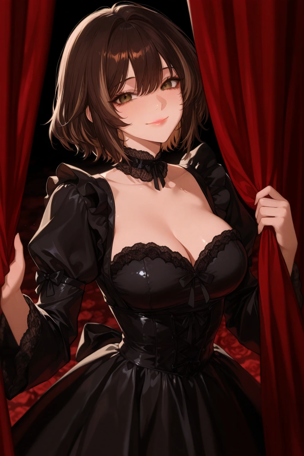 ((Highest quality)), ((masterpiece)), (detailed), Perfect Face , Computer background, 1 girl、((Highest quality, expensive_solve, clear_image)),(Black Hair), (Black cat ears), (Ahoge), (Ridiculously short hair), (Wavy Hair), (blue eyes),Tremendous smile、Dressed in idol clothes、Very large breasts、