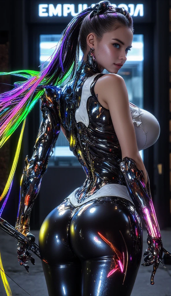 ((Back profile:1.3)), turning head looking to viewer, ((light aqua hair:1.4)), There is a woman in a robot suit ((posing next to an futuristic Roman building)), ((long side burns)), ((long hair bangs)), Beautiful white girl half cyborg, ((gray ass:1.3)), Cute cyborg girl, Beautiful girl cyborg, (aletta ocean face), (puffy lips), Perfect Robot Girl, Cyborg girl, (ass air bags), intricate details on ass, Young cyborg lady, (ass cleavage), Beautiful Female Robot, ((cybernetic abs:1.2)), intricate holes on ass, Beautiful robot woman, cyborg girl, perfect cyborg female, ((porcelain cyborg)), Female robot, Beautiful cyborg images, (cinematic lighting)