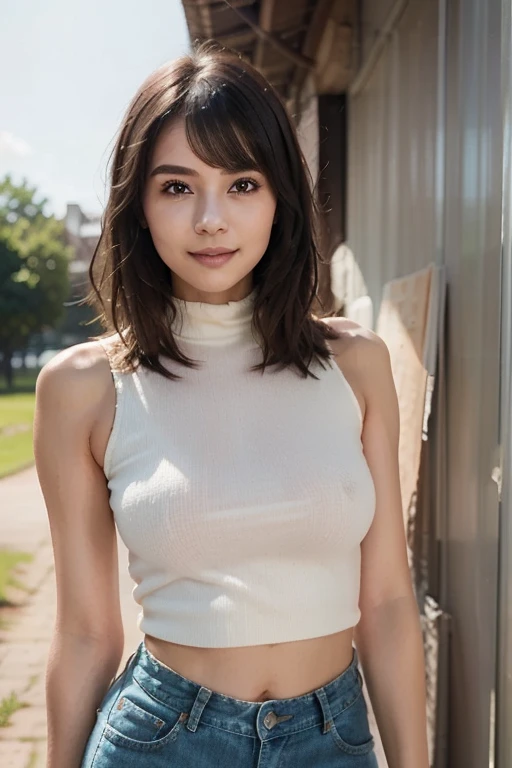 (1 woman:1.99)、(Wide forehead、Very short hair、Very small amount of hair、Forehead、Fuji frame:1.1)、Sunburn、17 years old、Naughty、Happy expression、満面のsmile、Weakness、love、I feel very comfortable alone、(secretary),((Very sleepy、Improves skin texture,smile、Narrow eyes、Very weak eyesight、Very weak eyeliner、Eyes slightly closed、I know the shape of your head、Oval Face))、(slicked back hair:1.25)、Photographic, Raw photo, Mastepiece, Highly detailed photos, Digital SLR, Photo-realistic 1.4, Super hello nothing, Best Quality,(standing、tilting your head、whole body:1.7)