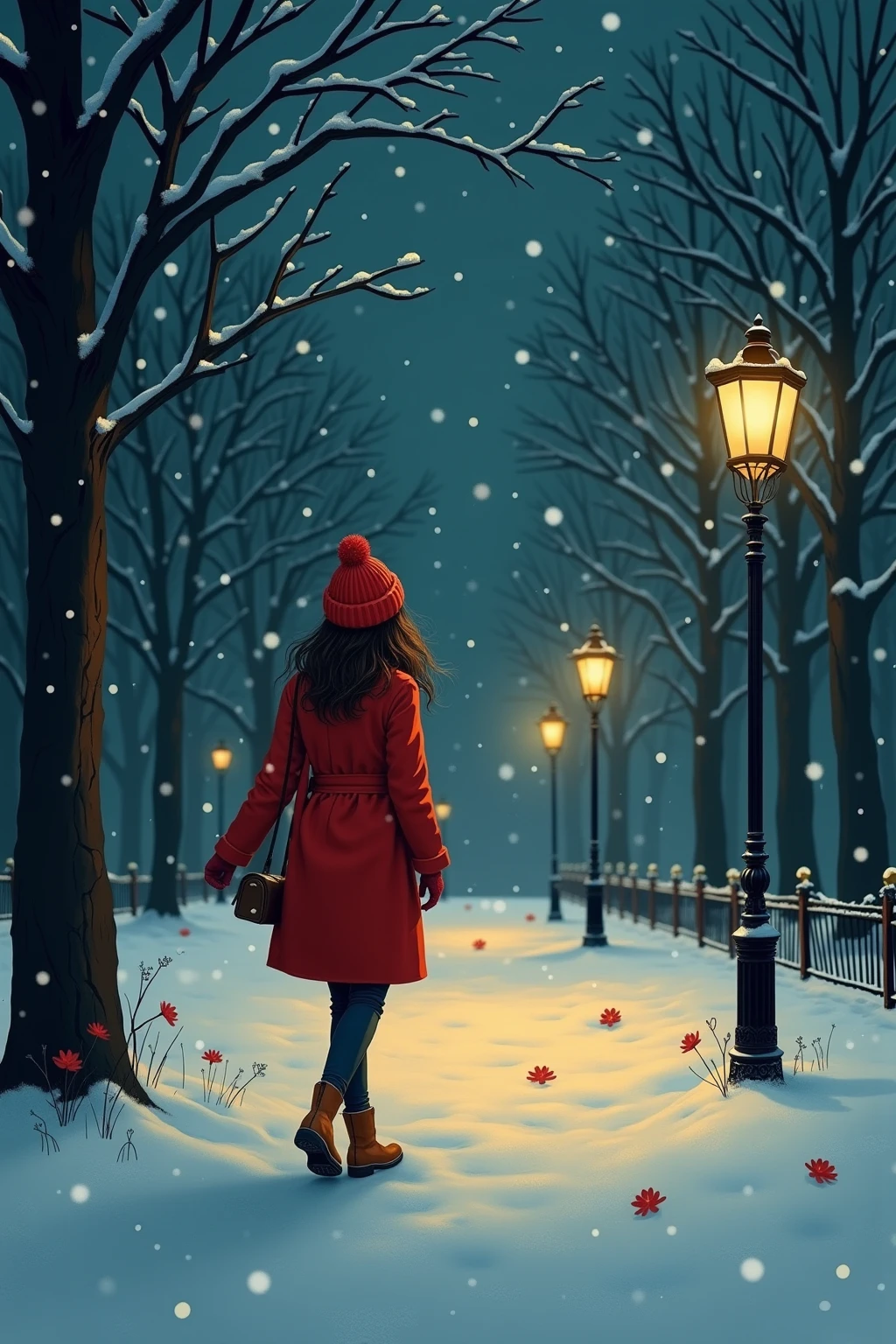 A woman in a red coat walks through a snowy park at night, surrounded by glowing lanterns. Her footsteps are the only sound when snowflakes fall silently beside her. The atmosphere is still static, drawn in a soft storybook style，The shade is warm，Detailed. super detailed, A moody and poetic winter scene.