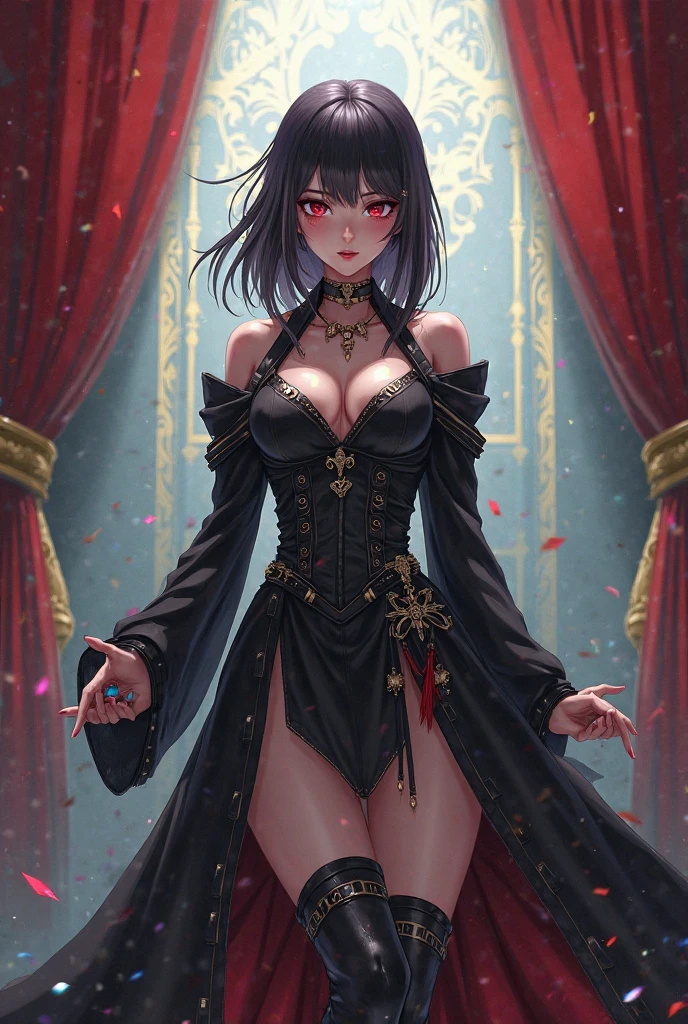 Anime Style Female Assassin Singer，Dual Status，Stage Performance Scene，spotlight effect，Exquisite details，Two-dimensional painting style，high-definition picture quality，Artistic illustration
