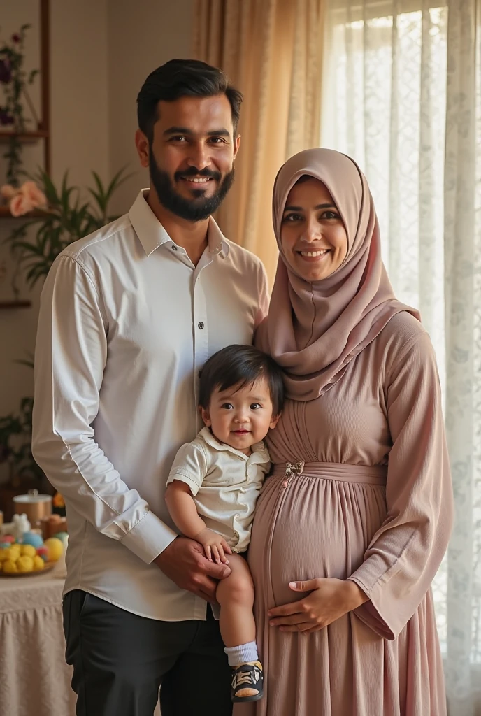 A pregnant wife in a hijab with 6 children and her husband taking a family photo 