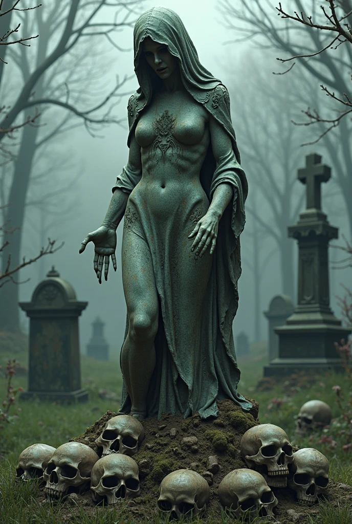 Woman, Caucasian, white, Russian type, light blue eyes, blue-black hair, wavy hair, beautiful face, profiled nose, very long hair, athletic, muscular body, (((full nude))), ((( explicit nude))), big breasts, (((cemetery))), many shadows, (((athletic legs))), (((marked abdomen))), dirty body, (((dreary night))), (((scary atmosphere))), fog, scared expression, walking through the graves, stormy sky, bare feet, cinematic, side shot.