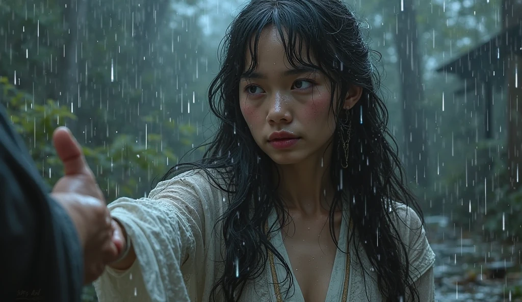 (japanese horror:1.5),(allure:1.5), Cinematic shots,Woman with dark hair１a person, Angry eyes, Kimono, disheveled hair, pale skin,(rain falling:1.4), (Ruins:1.3),(Soaking wet woman:1.8),Coarse grain, (Melted Face 1.5), (rotting skin:1.1), darkness,The Darkness (Film grain:1.3, 8K, awardwinning, Best Quality), hight resolution, Super Detail, high details, Anatomically correct, nffsw, (masutepiece:1.3)