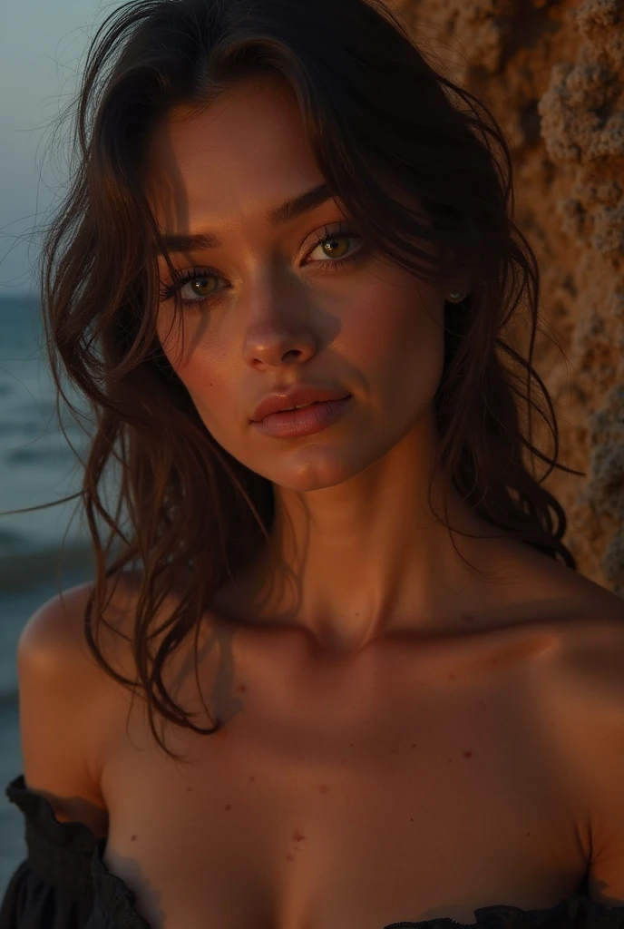 kmwld, (sharp focus:1.2), photo, attractive young woman, (beautiful face:1.1), detailed eyes, luscious lips, (cat eye makeup:0.85), (large eyes:1.0), (toned body:1.2), (1980s hair:1.2), wearing (1980s clothes:1.2) on a (beach:1.2). (moody lighting:1.2), depth of field, bokeh, 4K, HDR. by (James C. Christensen:1.2|Jeremy Lipking:1.1).
