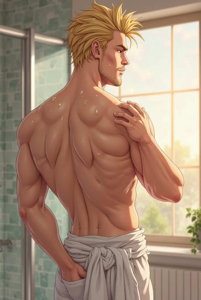 A tall, handsome, statuesque, masculine, adult man is platinum blond, he has tanned skin, blue eyes, long straight platinum hair, he is stripped to the waist, stands in the middle of the room, covers his groin with a large snow-white towel. His hair is wet, his skin is wet. Realistic image.