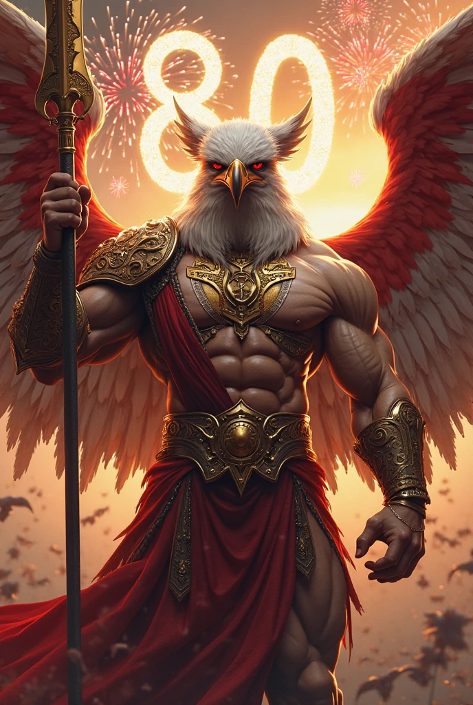 Garuda who is in heaven with a muscular face and arm muscles, a human face, a hawk's face, a golden beak, feathers on the neck, a red body, wearing a diamond crown without horns, a diamond armor on the chest and diamond armor on the wings, wearing Thai pants, and blood flowing from the abdominal muscles.