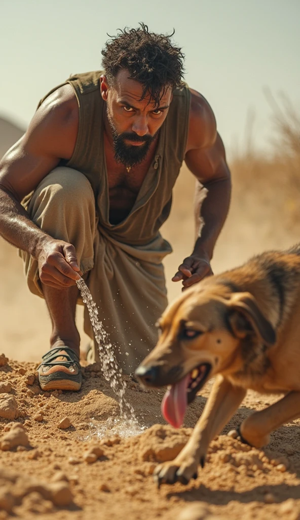 A bald, thin and very ugly man, with a lot of hair in his armpit and he is playing intensely, and he is with his dog who is very thin and is starving